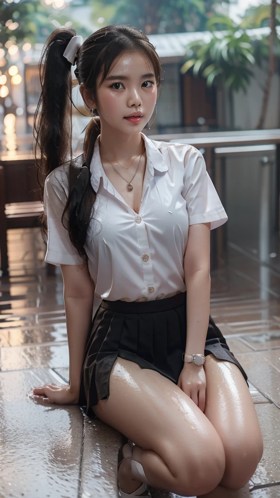 1 a thai cute girl ,white wet shirt, uniform university of thailand,mini black short skirt,mini earrings,mini necklace,she wearing red high heels,she sitting, ponytail,big white ribbon on her hair.she had no make up on her face,she had mini bag.wet rain,wet shirt,Shirt wet with sweat,