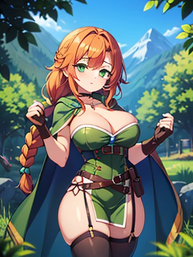 1girl, solo, long hair, lush hair, breasts, Wide Hips, leather gloves, green dress, olive-green tunic, cleavage, large breasts, green eyes, braid, outdoors, choker, leather belt, dagger, fingerless gloves, necklace, orange hair, trees, cape let, sheath, nature, brown corset, french braid, brown gloves, pendant, forest, pouch, sheathed, mountains, weathered clothes,