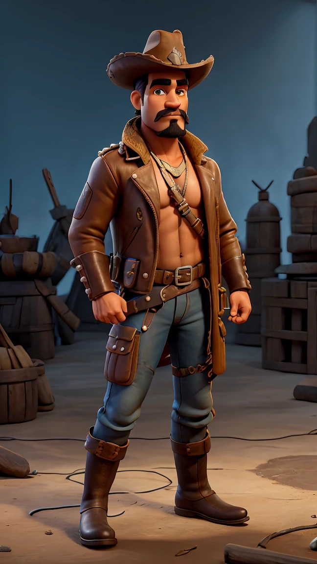 from Lampião, was a Brazilian bandit leader. At 30 years old, with a robust and charismatic appearance. His face shows determination and rugged beauty, with piercing eyes that have seen many battles. He wears a thick mustache that added to his authoritative appearance. The outfit consists of the iconic leather hat adorned with metal spikes, a symbol of the cangaço bandits, a leather jacket, and pants tucked into high leather boots. Your stance should be heroic and commanding.
Cinema-style lighting would cast dramatic shadows and highlights on Lampião, enhancing the heroic and legendary aura that surrounds him.