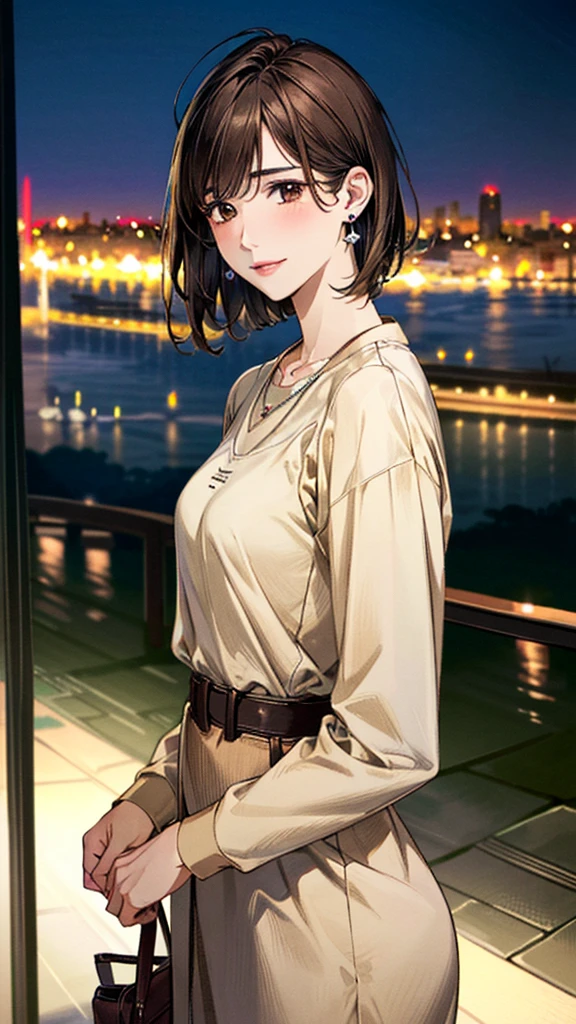 (masterpiece:1.3, Highest quality, Ultra-high resolution, Super detailed), (Realistic, photoRealistic:1.4), Beautiful illustrations, Perfect lighting, colorful, Depth of written boundary, Beautiful detailed hair, Beautifully detailed face, Beautiful fine details, Droopy eyes、Beautiful clavicle, Beautiful body, 美しいLarge Breasts, Beautiful thighs, Beautiful feet, Beautiful fingers, View Viewer、Front view:0.6, Beauty1人, Japanese, Beauty、30 years old, Perfect Face, (Perfect Anatomy, Anatomically correct), Cute and symmetrical face, , , Shiny skin, (with thin belt、Beige long sleeve A-line shirt dress:1.4) (Dark brown hair, Short Hair:1.4), Dark brown eyes, Large Breasts, Slim body, necklace, Small earrings:1.1, (Beautiful views), (night), (city, cityscape in the distance), Riverside、Are standing, A soft smile、(Smile, Lips parted),