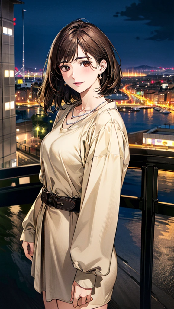 (masterpiece:1.3, Highest quality, Ultra-high resolution, Super detailed), (Realistic, photoRealistic:1.4), Beautiful illustrations, Perfect lighting, colorful, Depth of written boundary, Beautiful detailed hair, Beautifully detailed face, Beautiful fine details, Droopy eyes、Beautiful clavicle, Beautiful body, 美しいLarge Breasts, Beautiful thighs, Beautiful feet, Beautiful fingers, View Viewer、Front view:0.6, Beauty1人, Japanese, Beauty、30 years old, Perfect Face, (Perfect Anatomy, Anatomically correct), Cute and symmetrical face, Baby Face, , Shiny skin, (with thin belt、Beige long sleeve A-line shirt dress:1.4) (Dark brown hair, Short Hair:1.4), Dark brown eyes, Large Breasts, Slim body, necklace, Small earrings:1.1, (Beautiful views), (night), (city, cityscape in the distance), Riverside、Are standing, A soft smile、(Smile, Lips parted),