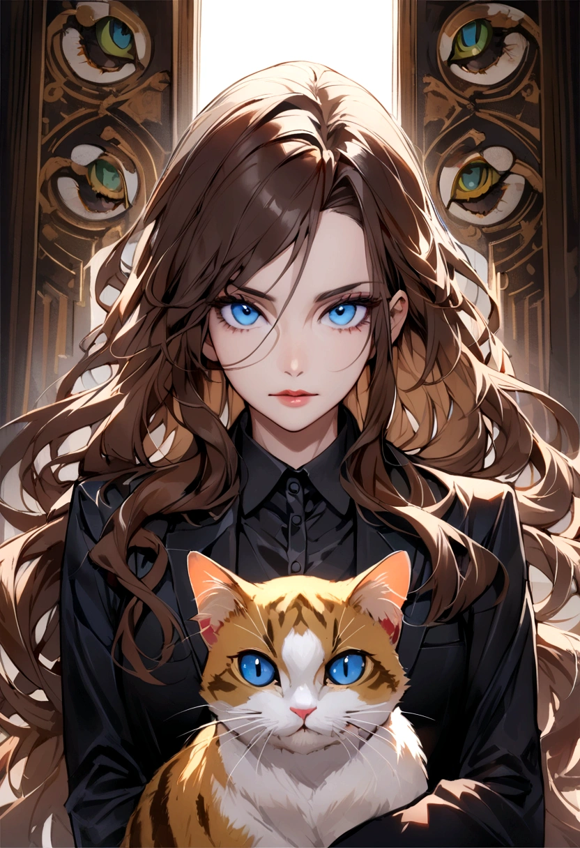 (Highest quality)(detailed)(1 middle-aged woman,single,long hair,brown hair,blue eyes ,beautiful,Black suit shirt,Turn to look at the viewer,with guardian cat)