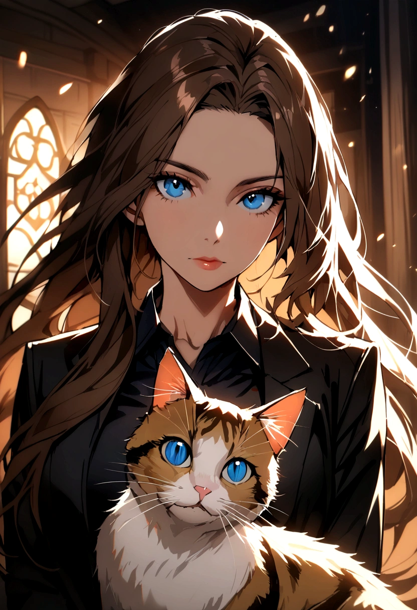 (Highest quality)(detailed)(1 middle-aged woman,single,long hair,brown hair,blue eyes ,beautiful,Black suit shirt,Turn to look at the viewer,with guardian cat)