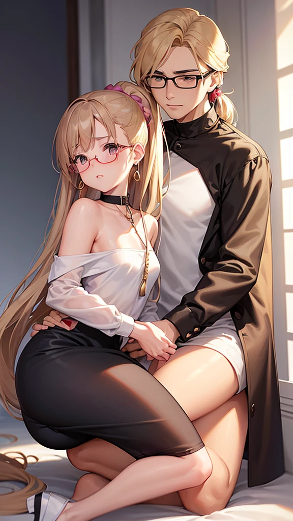 A beautiful and glamorous woman with long blonde hair tied into a ponytail with a scrunchie, wearing red Boston-type glasses, brown eyes, small silver earrings, light brown blush on her cheeks, thin lips, an off-shoulder pink shirt, and a camel-colored mini skirt. Next to her stands a handsome man with natural black hair, gray eyes, thin lips, small gold earrings, a black collarless shirt, white slim-fit pants, and sneakers. They are in a high-definition, fantastical love romance scene with natural light, a shining moon reflecting off the sea surface.