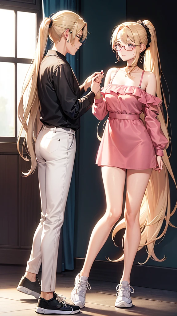 A beautiful and glamorous woman with long blonde hair tied into a ponytail with a scrunchie, wearing red Boston-type glasses, brown eyes, small silver earrings, light brown blush on her cheeks, thin lips, an off-shoulder pink shirt, and a camel-colored mini skirt. Next to her stands a handsome man with natural black hair, gray eyes, thin lips, small gold earrings, a black collarless shirt, white slim-fit pants, and sneakers. They are in a high-definition, fantastical love romance scene with natural light, a shining moon reflecting off the sea surface.