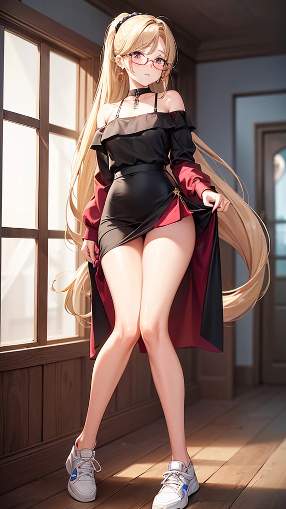 A beautiful and glamorous woman with long blonde hair tied into a ponytail with a scrunchie, wearing red Boston-type glasses, brown eyes, small silver earrings, light brown blush on her cheeks, thin lips, an off-shoulder pink shirt, and a camel-colored mini skirt. Next to her stands a handsome man with natural black hair, gray eyes, thin lips, small gold earrings, a black collarless shirt, white slim-fit pants, and sneakers. They are in a high-definition, fantastical love romance scene with natural light, a shining moon reflecting off the sea surface.