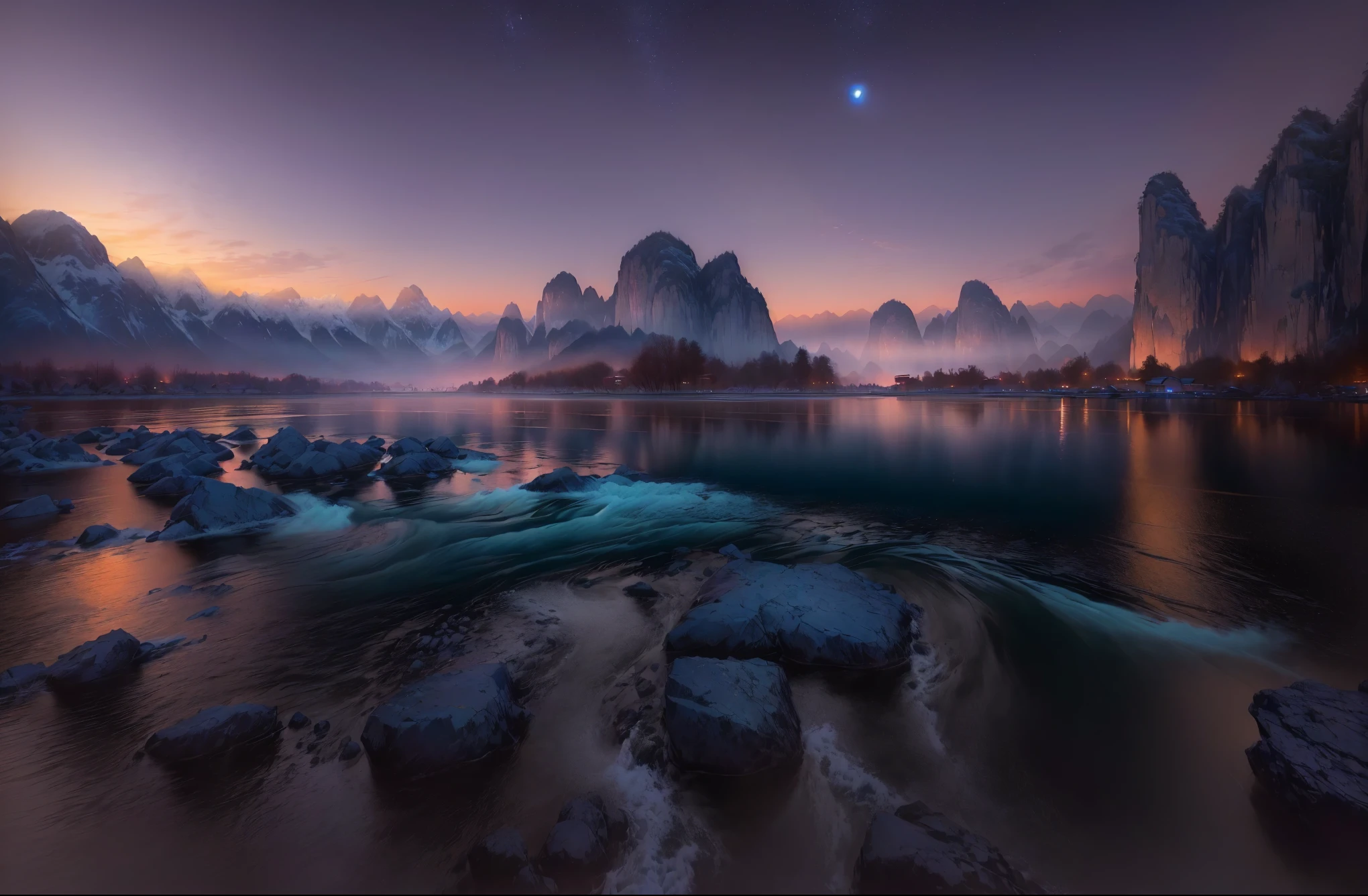 arafed view of a river with rocks and Mountains in the background, Photography taken during the blue hour, Karst, riverside, Chinese scenery, early morning, author：Shi Rui, author Shen Zhou, Wide Angle River, Blue Hour Photography, Stunning scenery, author Victor Wang, beautiful serene landscape, Shen Quan, Stunning scenery, Rivers with excellent water quality, Mountain