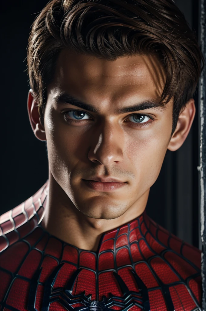 A photograph of spider man, no mask, 20 yo, handsome, detailed face, looking at camera, portrait, 8k uhd, high quality