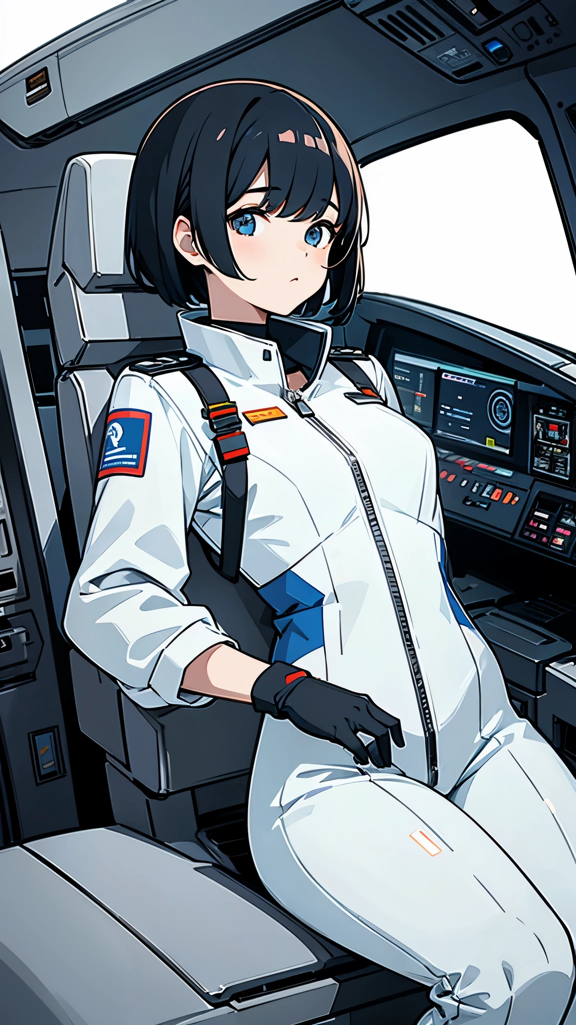 Girl、Asian、White pilot suit、In the cockpit、Grip the control stick、Black Hair、Shortcuts、