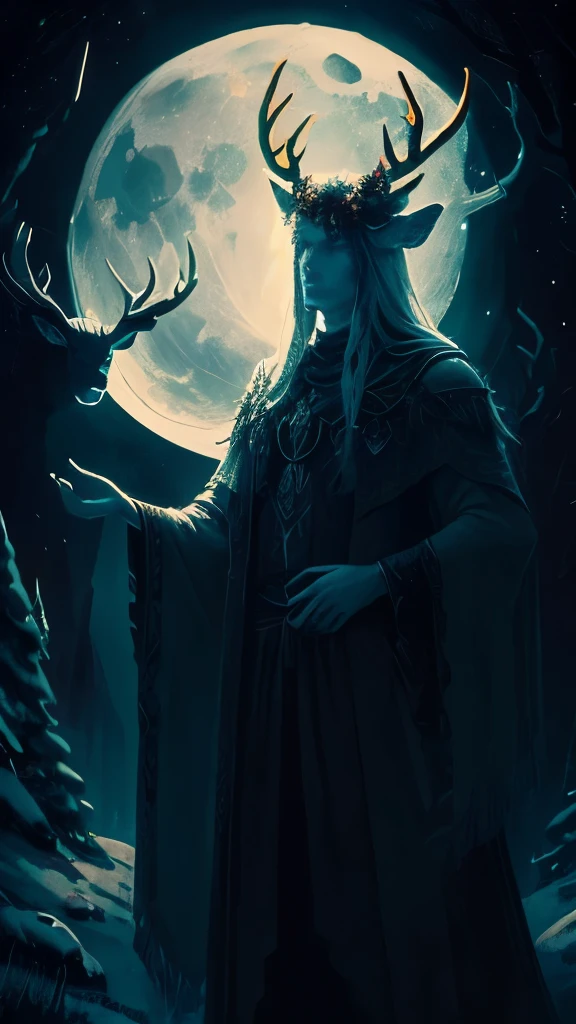 painting of a man with a deer and a moon in the background, horned god, heilung, goddess of the hunt and the moon, celtic antlered god, cernunnos, ancient antler deity, pagan goddess, wendigo, the wendigo, just art for dark metal music, southern gothic art, evil realm magic painting vibes, with horns