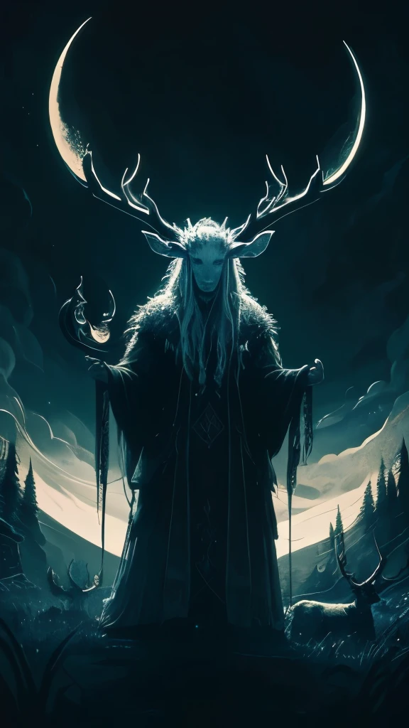 painting of a man with a deer and a moon in the background, horned god, heilung, goddess of the hunt and the moon, celtic antlered god, cernunnos, ancient antler deity, pagan goddess, wendigo, the wendigo, just art for dark metal music, southern gothic art, evil realm magic painting vibes, with horns