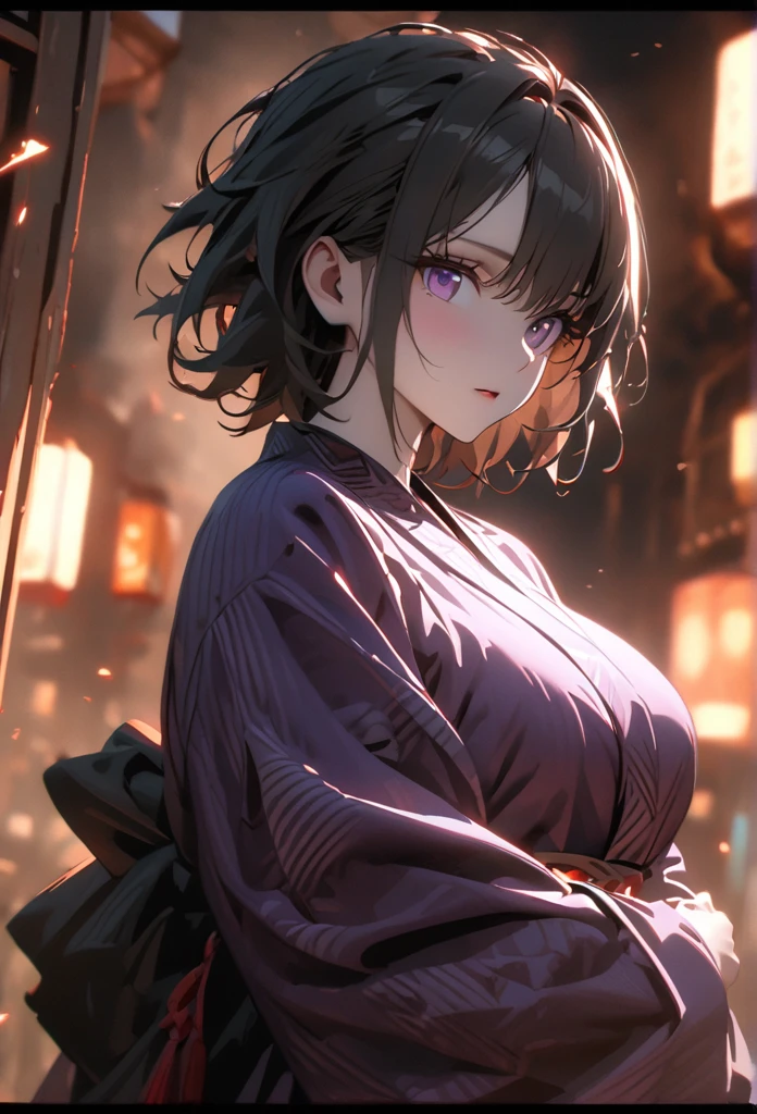 (solo), pitch black hair, messy hair, mane hair, short hair, dense hair, wild hair, expressive hai,(25 year old), pale skin, ((Female)), purple eyes, beautiful girl, wearing a black and purple kimono, beautiful, attractive, huge breast, big ass, Yin, eye reflection, depth of field, thunder aura, cinematic lighting, ray tracing, depth of field, cinematic lighting, ray tracing, UHD, high details, best quality, highres, high quality, award winning, super detail, masterpiece, 8k, UHD, high details, best quality, highres, high quality, award winning, super detail, masterpiece, 8k, digital art, anime coloring, body shot, full body, good face, perfect face, detailed face, good eyes. The background is space. A blackhole in the background.
