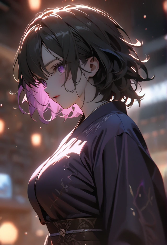 (solo), pitch black hair, messy hair, mane hair, short hair, dense hair, wild hair, expressive hai,(25 year old), pale skin, ((Female)), purple eyes, beautiful girl, wearing a black and purple kimono, beautiful, attractive, huge breast, big ass, Yin, eye reflection, depth of field, thunder aura, cinematic lighting, ray tracing, depth of field, cinematic lighting, ray tracing, UHD, high details, best quality, highres, high quality, award winning, super detail, masterpiece, 8k, UHD, high details, best quality, highres, high quality, award winning, super detail, masterpiece, 8k, digital art, anime coloring, body shot, full body, good face, perfect face, detailed face, good eyes. The background is space. A blackhole in the background.