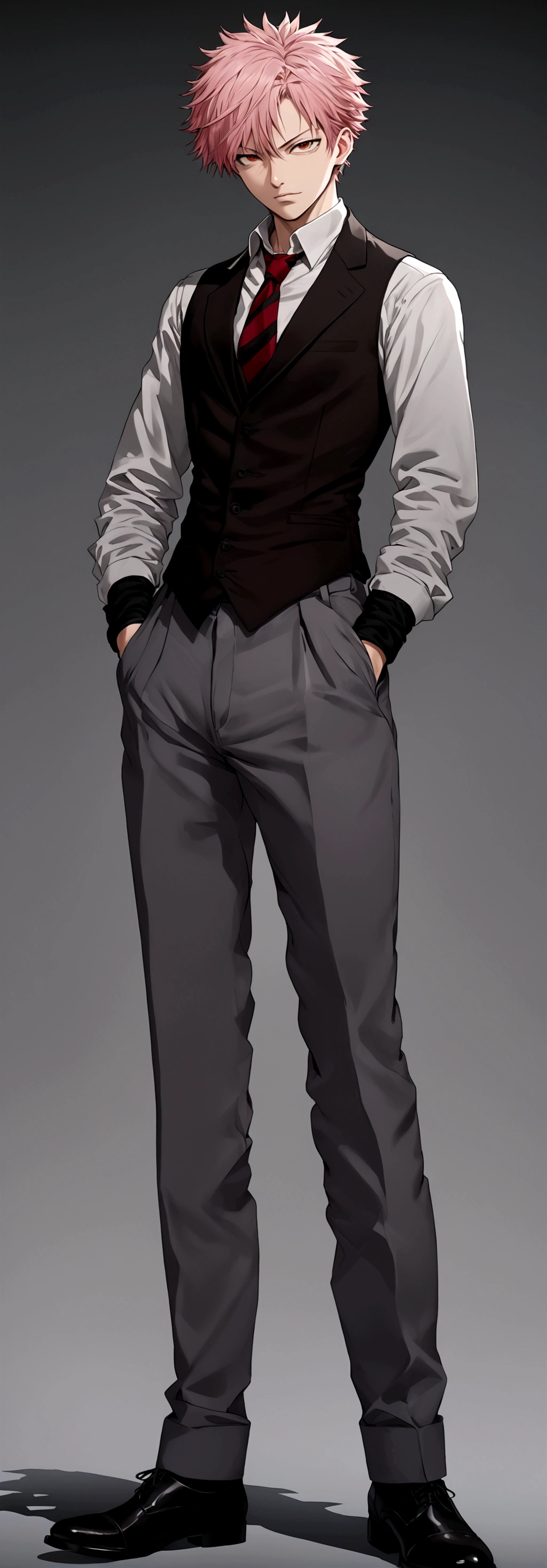 Jujutsu Kaisen,Itadori Yuji,solo, looking at viewer, short hair, dim light background, shirt, gloves, long sleeves, 1boy, white background, brown eyes, closed mouth, standing, jacket, full body, white shirt, weapon, pink hair, male focus, open clothes, necktie, shoes, alternate costume, black gloves, collared shirt, pants, black footwear, vest, formal, suit, red necktie, black vest, grey pants, itadori yuuji