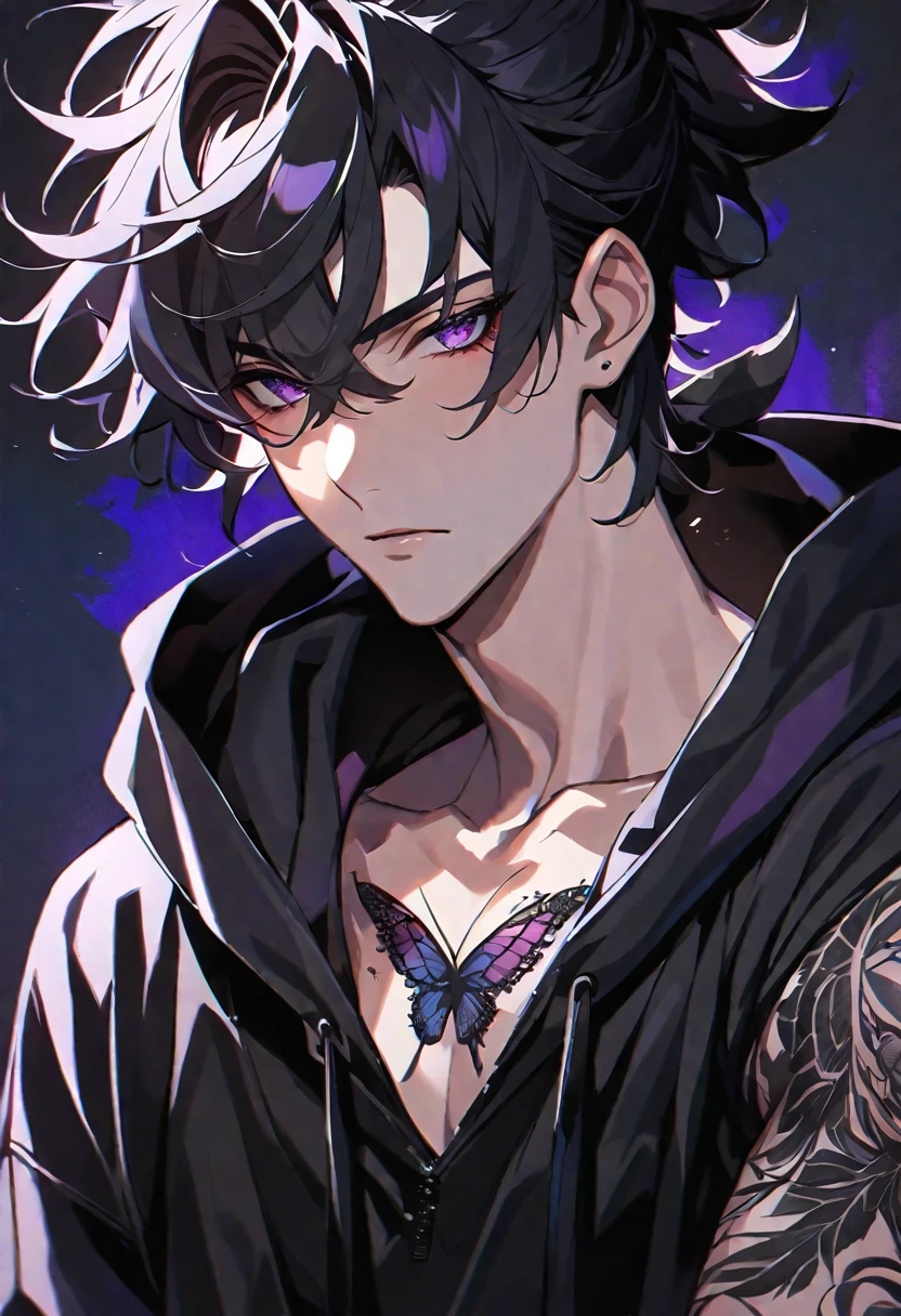 solo, handsome, Glossy feel,
1. male,
bangs,Straight Hair, ponytail, 
black hair, 
Izuku Midoriya,
purple Eyes,Soft look,beautiful,beautiful,Sexy,Darkness,butterfly Tattoo,Black Rose Tattoo,
black オーバーサイズ hoodie,clavicle,
skin,Black Rose,Alluring,Sexy,
black  background,Close-up,