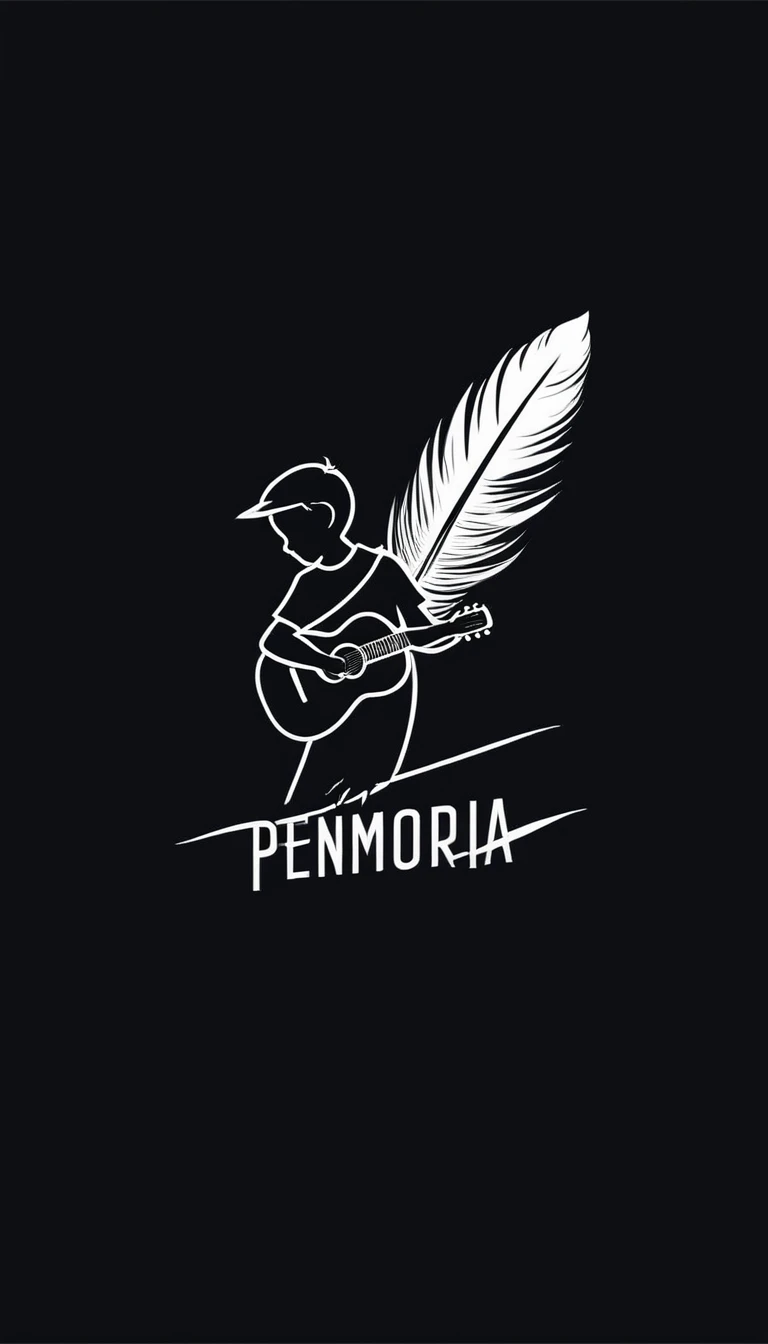 A minimal, modern, simple, cinematic logo design for the brand “Penamemoria". The logotype must be a boy playing acoustic guitar alongside a bird and a feather. The logo must convey a sense of music, stories and dreams. Minimalistic logo of a boy playing acoustic guitar and dissolving into a feather