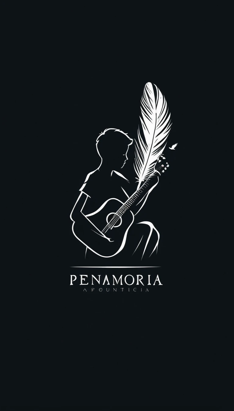 A minimal, modern, simple, cinematic logo design for the brand “Penamemoria". The logotype must be a boy playing acoustic guitar alongside a bird and a feather. The logo must convey a sense of music, stories and dreams. Minimalistic logo of a boy playing acoustic guitar and dissolving into a feather
