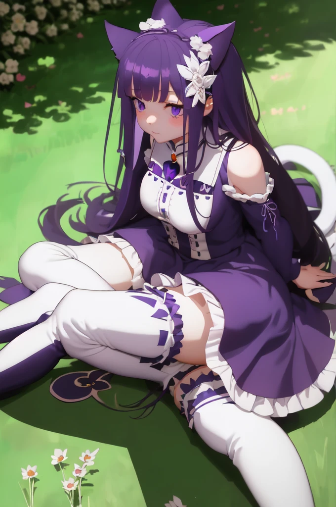 masterpiece, 1 Girl,Blue long hair,Cat ear,Shy expression,Heart-type pupils,
bluedress, X Hair Accessories, Flowering, Headband, White thigh boots,Purple ruffles, Wrinkles_blue_Skirt sitting on the grass, Keep your arms at your sides