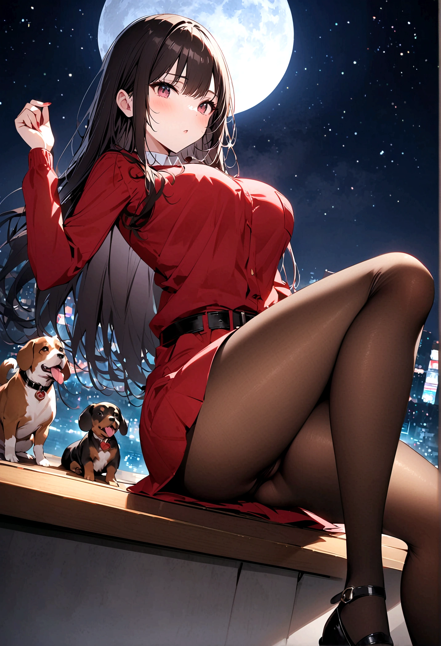 Dog 1、Woman 1、Red miniature dachshund、Red miniature dachshund long hair、dog&#39;color is red、woman with very long black hair、Busty women、Spectacular views、Night Scene、The view from the top of the hill、Full moon night sky、swirling starry sky、８K、Best Quality、詳しいdogの顔、The woman is facing the opposite direction、Ria、I can't see a woman's face、The whole body is in the photo、Like the night view of Tokyo、The woman is wearing a miniskirt and her crotch is visible.、Pantyhose legs