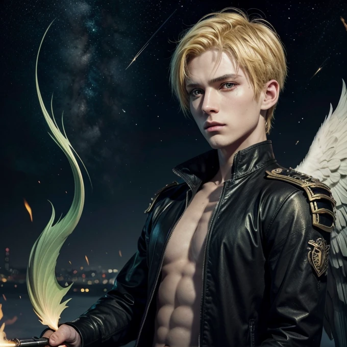 Angel, short yellow hair, green eyes, black wings, black clothes, holding a fire sword, stars around him
