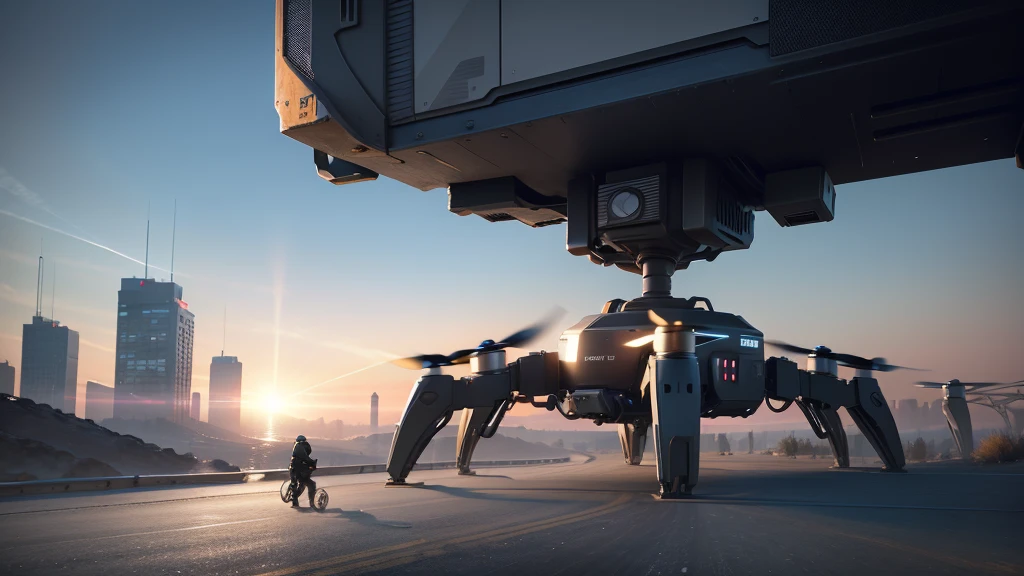 Please generate an illustration of drone delivery. The application should include an AI intelligent path planning background that helps plan the correct flight paths for the drones. The scene should be set above a realistic, sci-fi style city with a blue sky. There should be three quadcopter drones flying in the air, carrying packages ready for delivery to customers. The drones will pass through a smart city, primarily conveying technology, innovation, and AI intelligent path planning. No text is needed on the image. The photo style should be minimalist, sci-fi, bright, and naturally colored.