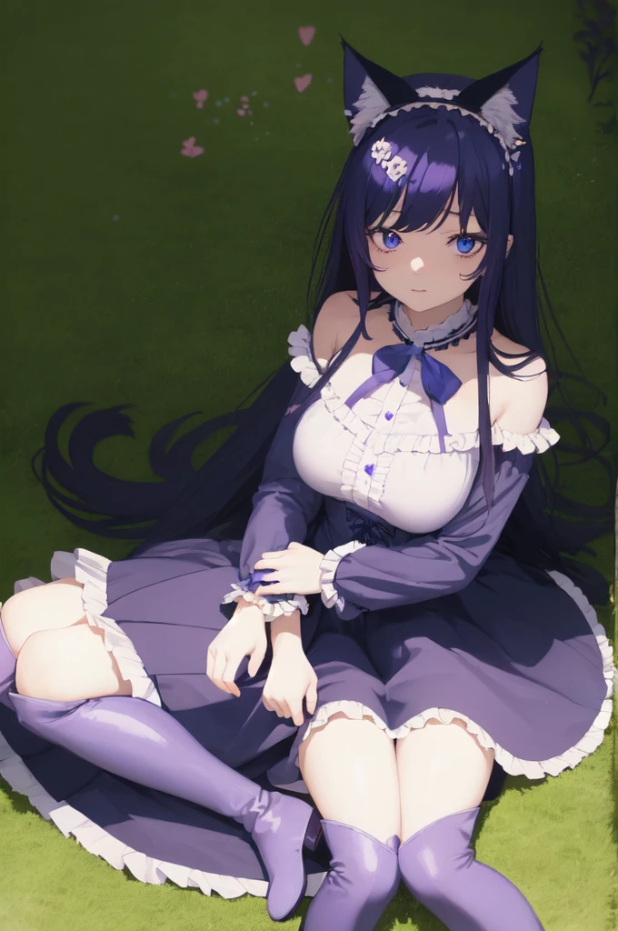 masterpiece, 1 Girl,Blue long hair,Cat ear,Shy expression,Heart-type pupils,
bluedress, X Hair Accessories, Flowering, Headband, White thigh boots,Purple ruffles, Wrinkles_blue_Skirt sitting on the grass, Keep your arms at your sides