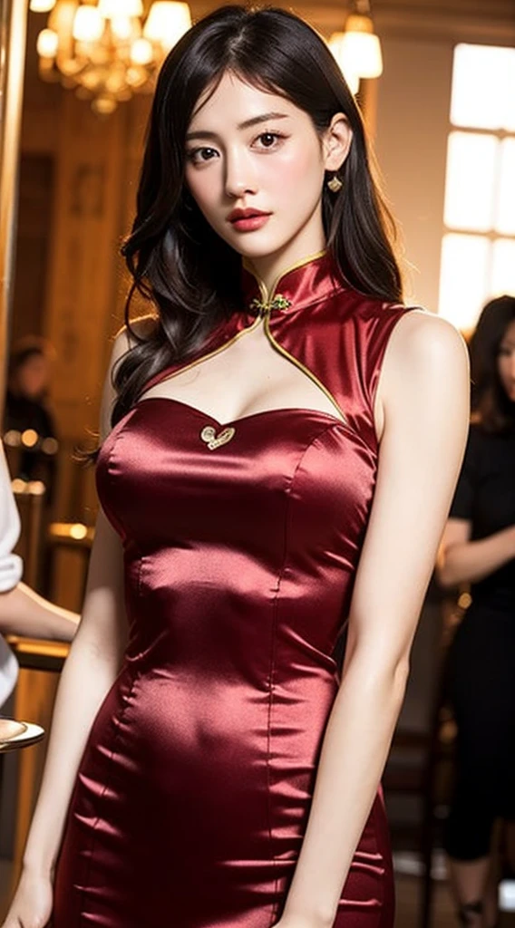 Highly detailed CG Unity 8k wallpaper, of the highest quality, super detailed, masutepiece, Realistic, photographrealistic, extremely detailed cute girl, 25 years old, ,, Upper body , ,Colossal tits,Black eyes,wine red silk cheongsam dress