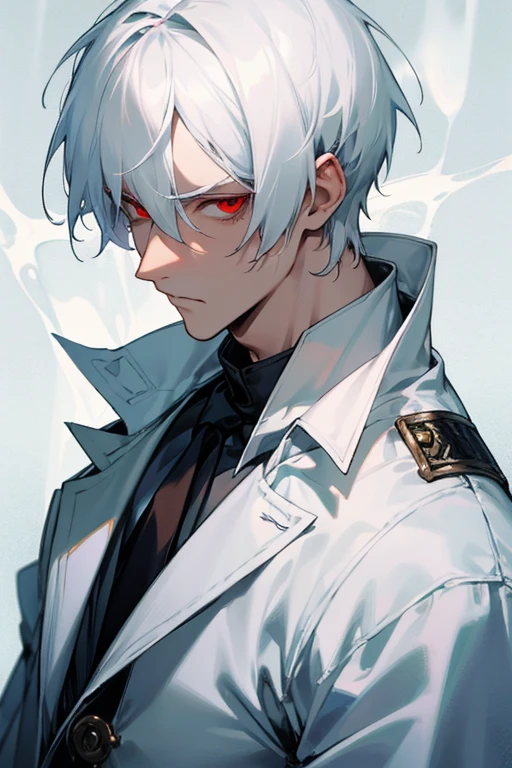 male、White Hair、Short Hair、Red Eye、Cold-blooded man、Handsome、Well-built、Cold Face、Well-formed face、Semen dripping on clothes