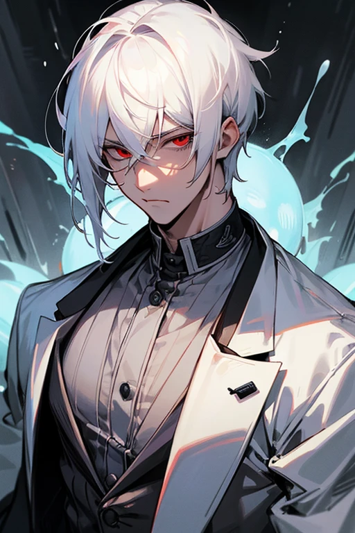 male、White Hair、Short Hair、Red Eye、Cold-blooded man、Handsome、Well-built、Cold Face、Well-formed face、Semen dripping on clothes