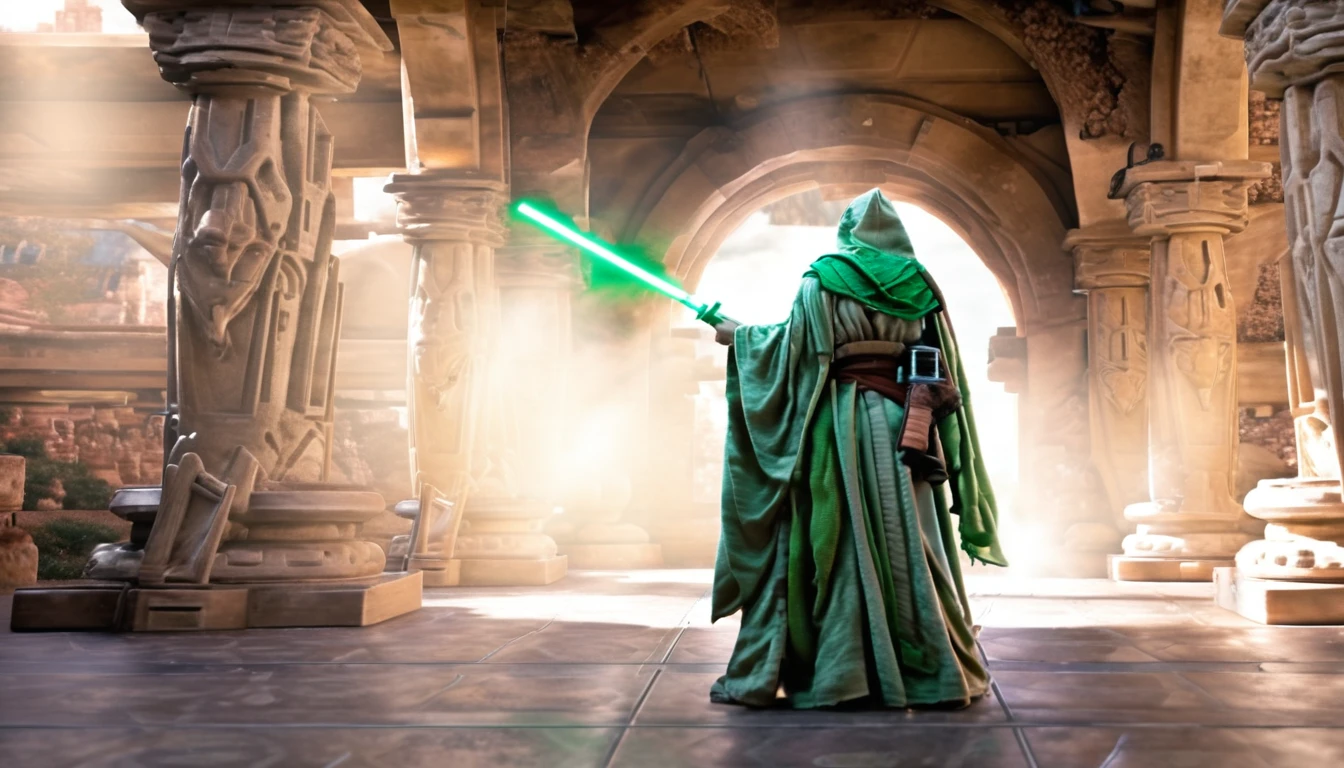 A Jedi acolyte standing in an ancient temple, com a luz do sol entrando pelas vitrais e iluminando seu rosto. She holds a green lightsaber in one hand and an ancient book in the other.. She is dressed in a simple brown robe and has her hair braided.. (Estilo realista, dramatic lighting, cores vibrantes, Centralized composition)