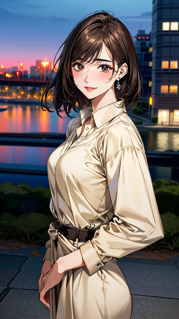 (masterpiece:1.3, Highest quality, Ultra-high resolution, Super detailed), (Realistic, photoRealistic:1.4), Beautiful illustrations, Perfect lighting, colorful, Depth of written boundary, Beautiful detailed hair, Beautifully detailed face, Beautiful fine details, Droopy eyes、Beautiful clavicle, Beautiful body, 美しいLarge Breasts, Beautiful thighs, Beautiful feet, Beautiful fingers, View Viewer、Front view:0.6, Beauty1人, Japanese, Beauty、30 years old, Perfect Face, (Perfect Anatomy, Anatomically correct), Cute and symmetrical face, Baby Face, , Shiny skin, (with thin belt、Beige long sleeve A-line collared shirt dress:1.4) (Dark brown hair, Short Hair:1.4), Dark brown eyes, Large Breasts, Slim body, necklace, Small earrings:1.1, (Beautiful views), (night), (city, cityscape in the distance), Riverside、Are standing, A soft smile、(Smile, Lips parted),