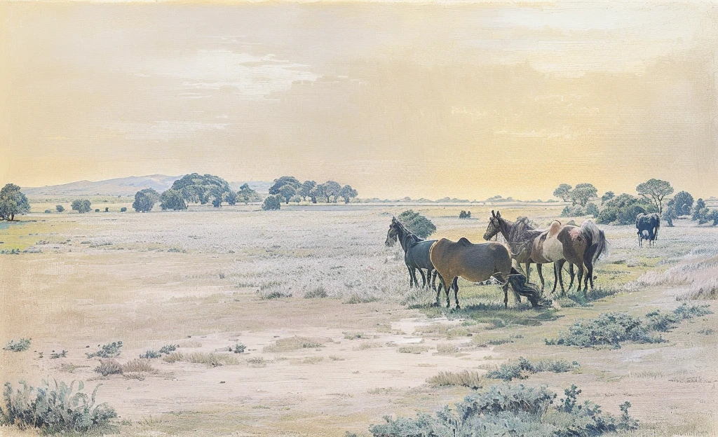 there are many horses that are standing in the grass, inspired by Rosa Bonheur, inspired by Isidore Bonheur, grazing, in the steppe, pastoral, in the early morning, by Rainer Maria Latzke, pastures, landscape in background, savanna, inspired by Charles-François Daubigny, inspired by Dwight William Tryon