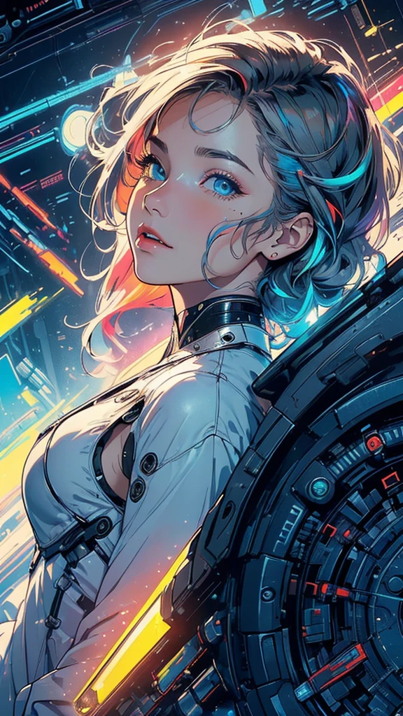 (((masterpiece, highest quality))),(((solo:1.2))),(((1girl:1.2))),32k wallpaper, very detailed, poster, vintage science fiction,(((((geometric cinematic movie poster))))), (bauhaus), shape,(((abstract))),(mid century modern),movie poster,(((((portfolio))))),(((((Close-up))))),(((((bust up))))),((((more various angle)))),(((highlight))),Vast landscape,((((heterochromia)))),(((complete. detailed face))),((((Extremely talented)))),(((((most complicated machine))))),(((genius mechanic))),((Overall colorfully)),neon sign