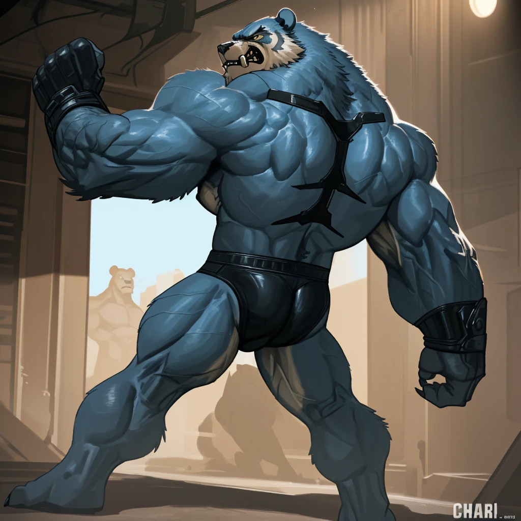 A huge muscular grizzly bear, the thing from fantastic four marvel comics, blue competitive briefs, furious growling expression, powerful stance, anthropomorphic, hyperrealistic, cinematic lighting, vibrant colors, detailed fur texture, photorealistic, dramatic shadows, 8k, best quality, masterpiece