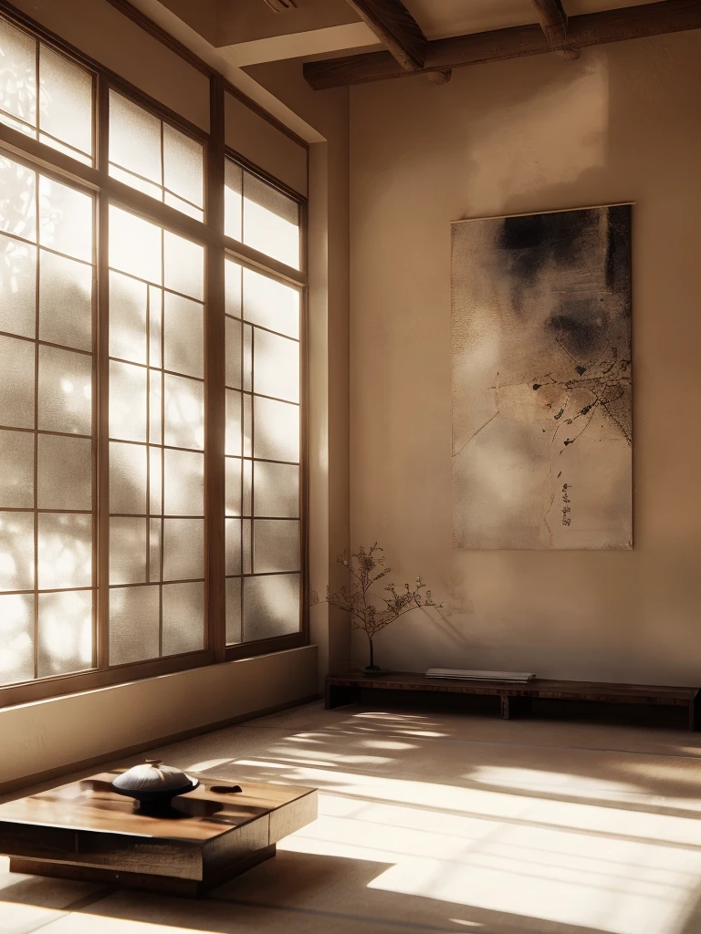 There is a room，There is a table and a window inside，There is a painting on it, Hashiguchi Goyo (Goyō Hashiguchi) of inspiration, Inspired by Mitsunobu Kano, Inspired by the Kanada Heart, japanese inspired, with japanese inspired, modern japanese living room, Inspired by Dongyang Sesshu, Japanese style