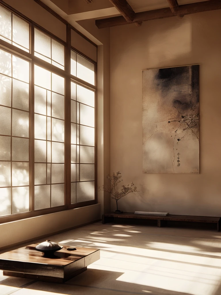 There is a room，There is a table and a window inside，There is a painting on it, Hashiguchi Goyo (Goyō Hashiguchi) of inspiration, Inspired by Mitsunobu Kano, Inspired by the Kanada Heart, japanese inspired, with japanese inspired, modern japanese living room, Inspired by Dongyang Sesshu, Japanese style