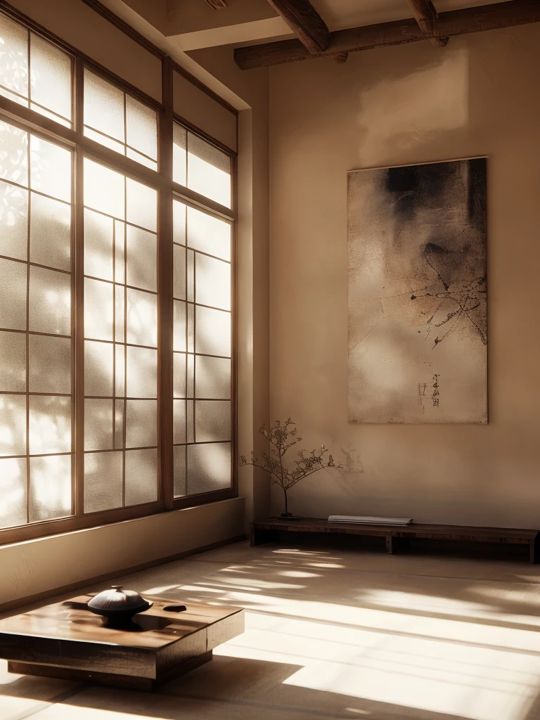 There is a room,There is a table and a window inside,There is a painting on it, Hashiguchi Goyo (Goyō Hashiguchi) of inspiration, Inspired by Mitsunobu Kano, Inspired by the Kanada Heart, japanese inspired, with japanese inspired, modern japanese living room, Inspired by Dongyang Sesshu, Japanese style