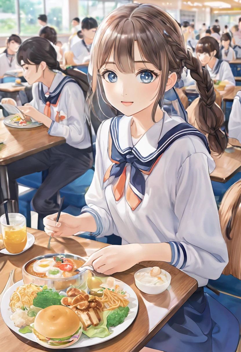 You are a professional illustrator。Please carefully check and draw the illustration according to the following conditions.。High school students enjoying their lunch in a crowded cafeteria、Delicate and beautiful anime face、Clear Eyes、Sailor suit、Braided short hair、