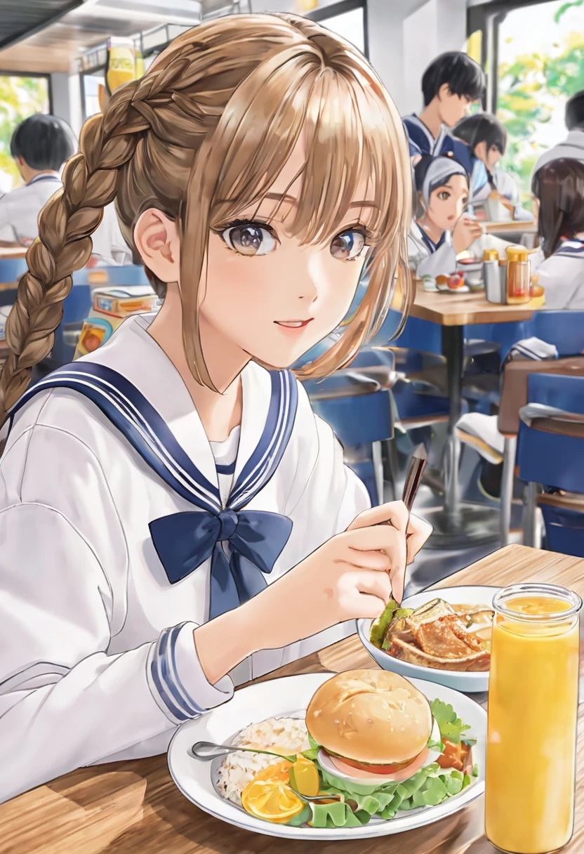 You are a professional illustrator。Please carefully check and draw the illustration according to the following conditions.。High school students enjoying their lunch in a crowded cafeteria、Delicate and beautiful anime face、Clear Eyes、Sailor suit、Braided short hair、