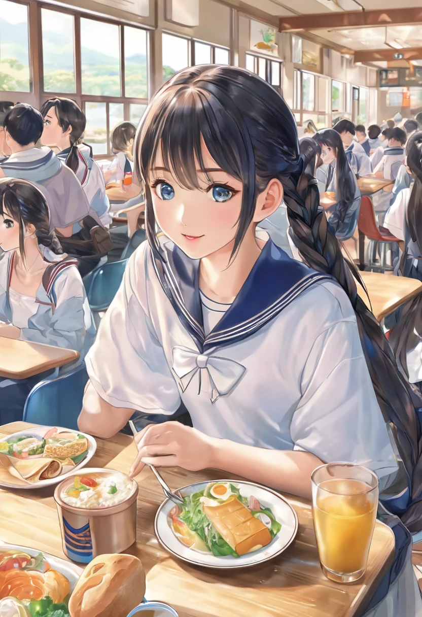 You are a professional illustrator。Please carefully check and draw the illustration according to the following conditions.。High school students enjoying their lunch in a crowded cafeteria、Delicate and beautiful anime face、Clear Eyes、Sailor suit、Braided short hair、