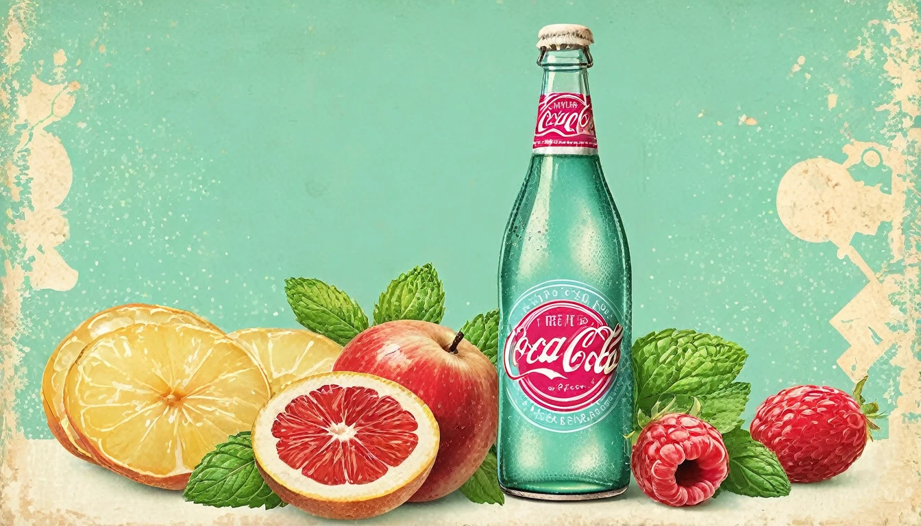 Create an illustration that imitates an advertisement from the 1950s. The image should feature a vintage graphic style with faded and aged colors, reminiscent of classic posters of the time. Include elements like cursive and serif typography, a textured background to simulate aged paper, and a color palette that includes faded pastel tones (light blue, pink, beige, and mint green). The illustration should represent an everyday product, such as a bottle of soda Add details such as decorative borders, stamps or emblems, and promotional phrases characteristic of the 50s, with the phrase written "The best of the decade!",