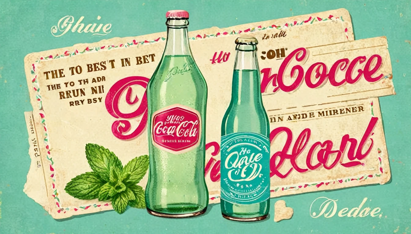 Create an illustration that imitates an advertisement from the 1950s. The image should feature a vintage graphic style with faded and aged colors, reminiscent of classic posters of the time. Include elements like cursive and serif typography, a textured background to simulate aged paper, and a color palette that includes faded pastel tones (light blue, pink, beige, and mint green). The illustration should represent an everyday product, such as a bottle of soda Add details such as decorative borders, stamps or emblems, and promotional phrases characteristic of the 50s, with the phrase written "The best of the decade!",