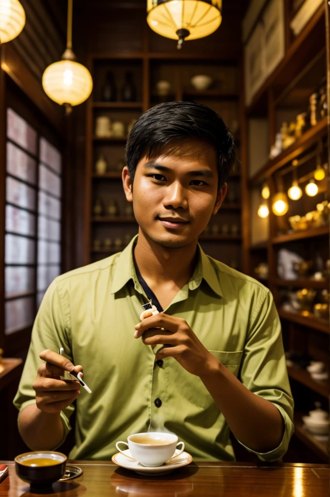 I want a photo of Burmese guy who is educated and good at marketing. He is holding a lighter and a cigarette. At tea shop. Can’t see hime clearly