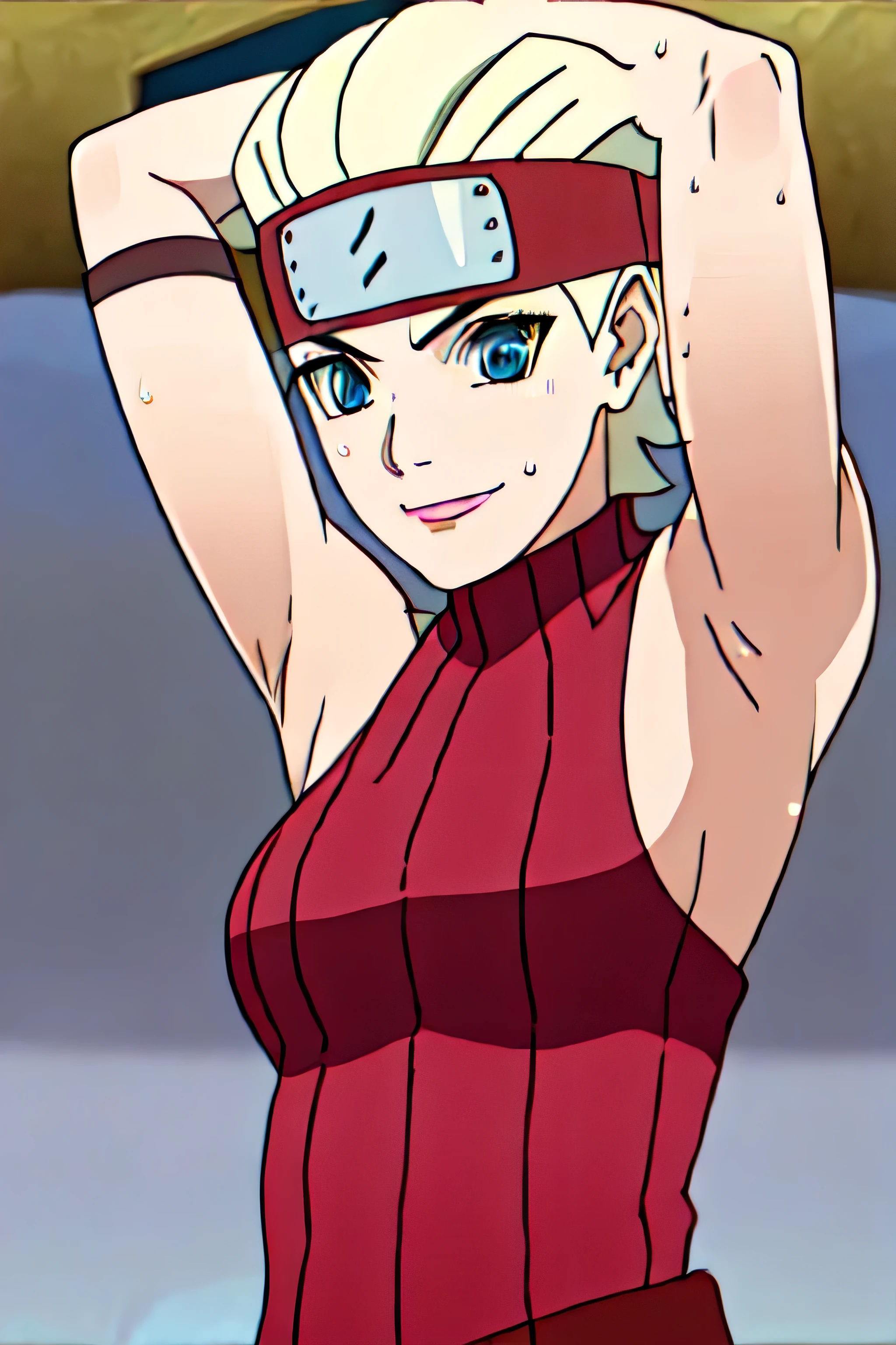 BUNTAN, 1GIRL, SHORT HAIR, BLUE EYES, BLONDE HAIR, GLOVES, BARE SHOULDERS, HEADBAND, SLEEVELESS TURTLENECK, solo facing viewer, looking at viewer, smile,armpit,armpits,showing armpits,awesome armpits,sweat, sweaty,sweaty armpits,tired,red arm warmers