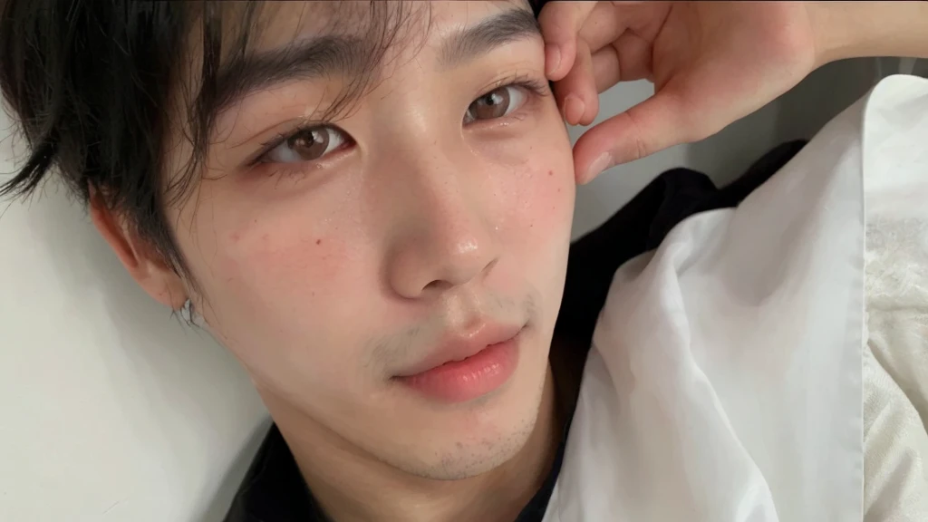 coreano, realista, hombre, hermoso rostro, mano, high resolution, Labios voluptuosos, grayish eyes, nariz refinada