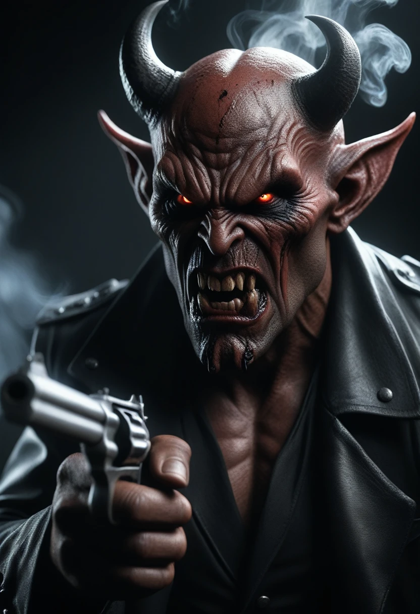 ((fantasy)1.5 photography, high-quality imagery), hyperdetailed, hyperrealistic,full scene,realism,Close up shot of an realistic mad angry dark evil demon,holding a smoking gun, portrait photography,MASTERPIECE, light reflections, cgi vfx, various colors, fantasy art, horror art,dark fantasy,high definition, cinematic, behance contest winner, stylized digital art, smooth, ultra high definition, 32k, unreal engine 5, ultra sharp focus, intricate artwork masterpiece, ominous, epic, 32k details, ultra details, dynamic lighting, cinematic, photo-realistic, 50mm lens, f/2.8, natural lighting, HDR, realism, mysterious, 64 megapixels, depth of field, hyperrealism, photorealistic, 32k ultra fine detail, masterpiece, High detailed, Realism, Epic, Enhance, Beautify, Epicrealism, intricate, detailed, 500px, promo shot,typography, 3d render,bloody text “I HATE COPYCATS”