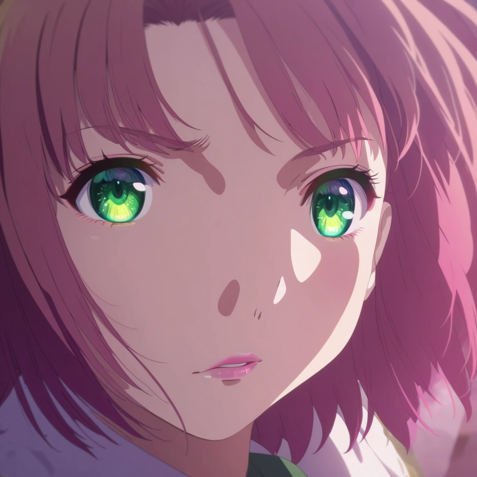 a cute pink and white kitsune with emerald green eyes, 1girl, detailed portrait, beautiful detailed eyes, beautiful detailed lips, soft feminine facial features, long ears, multiple pink tails, wearing girl's clothing, photorealistic, high detail, vibrant colors, soft lighting, cinematic composition, anime style, pelo bicolor
