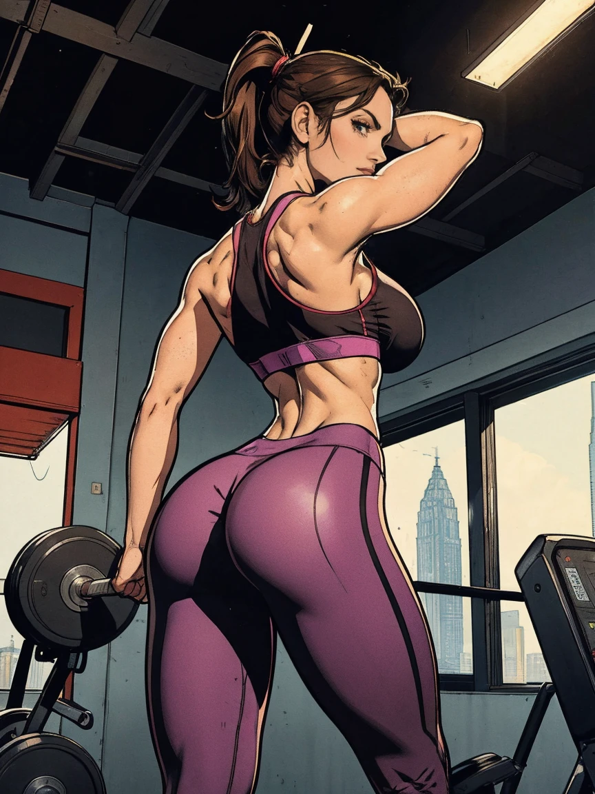 (masterpiece, top quality, best quality, official art, beautiful and aesthetic:1.2), (1girl:1.3), (gorgeous face), light freckles, fair skin, brown hair, extremely detailed, portrait, looking at viewer, solo, (view from behind, looking over her shoulder, back view, full body:0.6), detailed background, close up, (airy modern theme:1.1), extremely busty gym girl, ponytail, big lips, arched back, flexing her bicep, charlatan, smirk, mysterious, standing in the gym, sports bra, leggings, headphones, wet, workout gear, weight machines, windows, modern gym, well-lit, thin and toned physique, gigantic breasts, cleavage, skindentation, slim waist, slim hips, long legs, modern (gym interior:1.1) background, dark mysterious lighting, shadows, magical atmosphere, dutch angle,