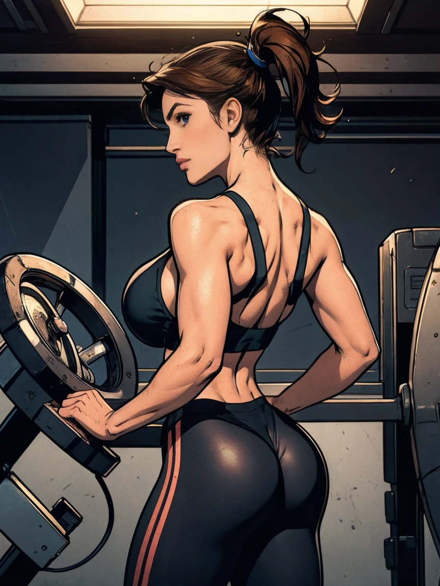 (masterpiece, top quality, best quality, official art, beautiful and aesthetic:1.2), (1girl:1.3), (gorgeous face), light freckles, fair skin, brown hair, extremely detailed, portrait, looking at viewer, solo, (view from behind, looking over her shoulder, back view, full body:0.6), detailed background, close up, (airy modern theme:1.1), extremely busty gym girl, ponytail, big lips, arched back, flexing her bicep, charlatan, smirk, mysterious, standing in the gym, sports bra, leggings, headphones, wet, workout gear, weight machines, windows, modern gym, well-lit, thin and toned physique, gigantic breasts, cleavage, skindentation, slim waist, slim hips, long legs, modern (gym interior:1.1) background, dark mysterious lighting, shadows, magical atmosphere, dutch angle,
