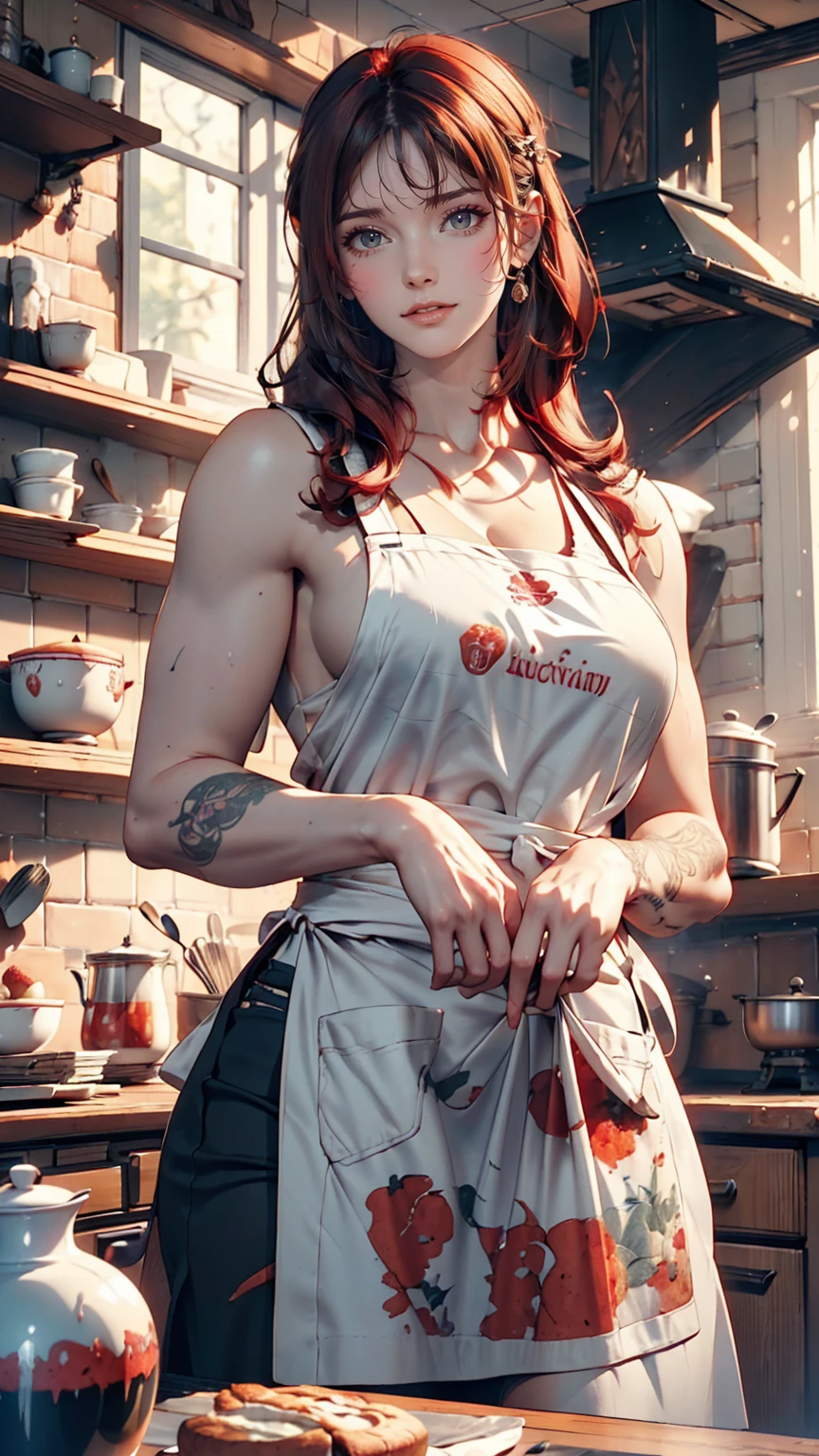 Women with tattoos, (([red|black] hair)), long hair, wearing a black apron,  cooking, Displaying the viewer, kitchen, Cakes and pies in the background,  indoor, (Calm tone:1.0), (High resolution:1.25), (Art Station:1.2), dramatic, (Intricate details:1.14), (hyper realistic 3 d render:1.16), (movie:0.55), (Rutkowski:1.1), (Faded:1.3)